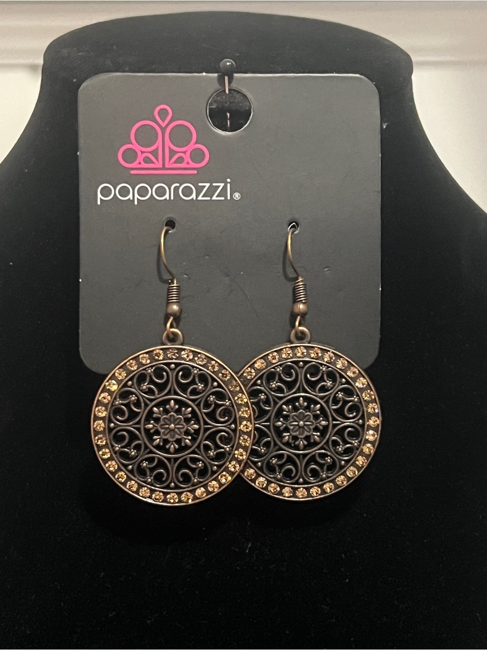 Paparazzi Bronze Filigree Circle Earrings with Gold Rhinestones